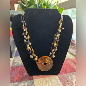Vintage You & I Orange Beaded Necklace Costume Jewelry Large Circle Pendant